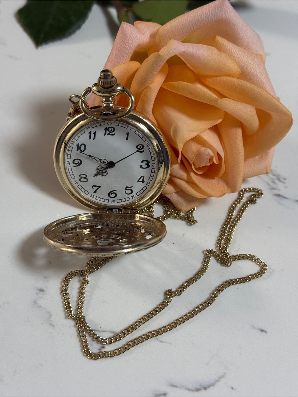 Long Goldtone Chain w Large Watch w/Lacey Cover Pendant Necklace 31”length works - Picture 2 of 7
